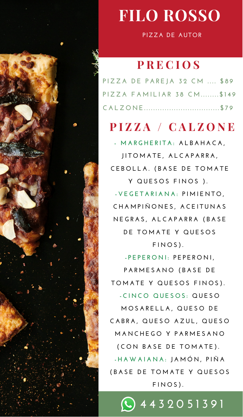 Carta de Pizzeria Filo Rosso en Col. Cinco de Diciembre, Morelia, Michoacán — página 1